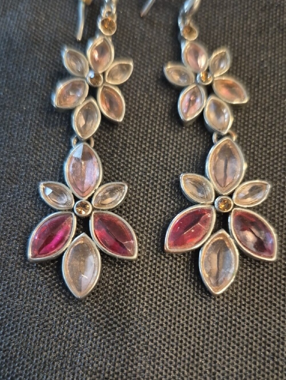 Delicate Pink Flower Crystal Drop Earrings In Silver Tone - Picture 2 of 5